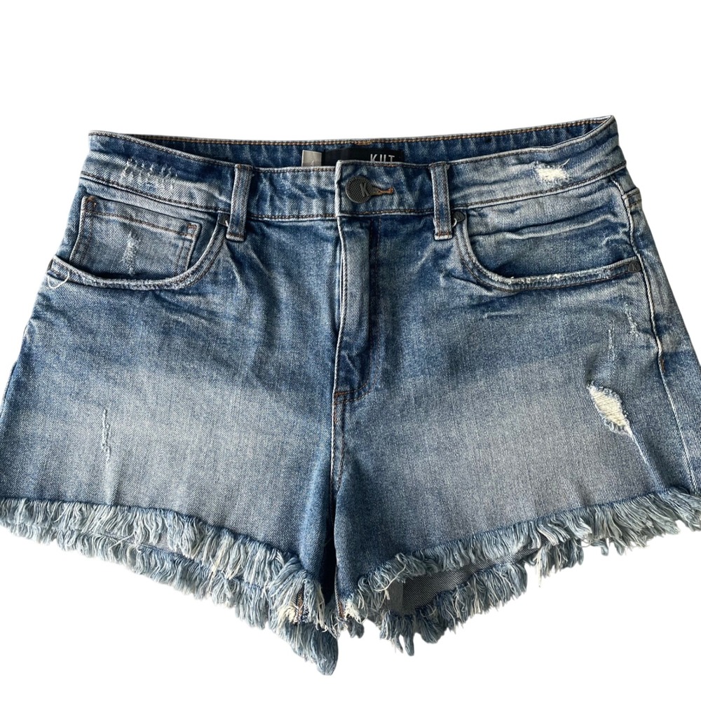 Kut from the Kloth Jane High Rise Shorts Blue Distressed Raw Hem Size 4